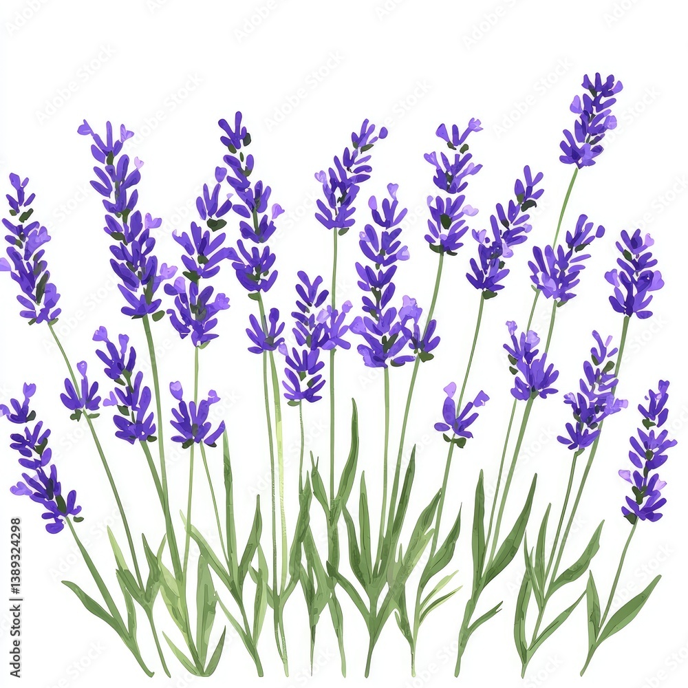 Obraz premium Vibrant Purple Lavender Flowers Isolated on White Background Botanical Illustration