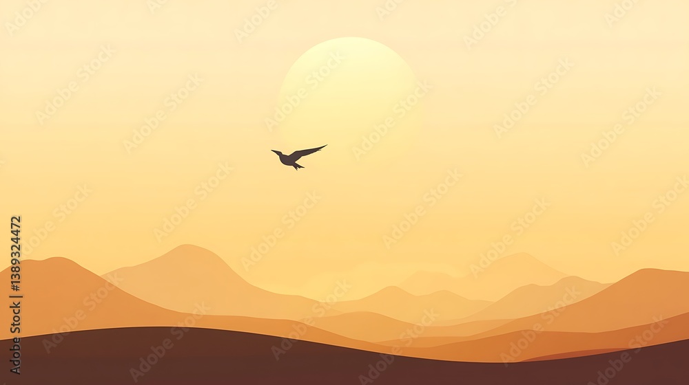Obraz premium Bird flying over sunset mountains.