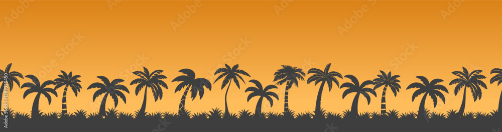 Naklejka premium Black palm trees pattern on sunset background. Palm tree summer logo, coconut tree icon. Palm tree silhouette icon.
