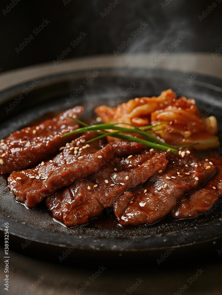 Plate of food with a dark background. on the plate, there are several pieces of meat covered in a brown sauce with sesame seeds sprinkled on top. Plate of food with a dark background. on the plate, there are several pieces of meat covered in a brown sauce with sesame seeds sprinkled on top.