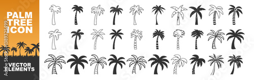 Palm tree summer logo, coconut tree icon. Palm tree silhouette icon. Miami beach tropic coconut tree. Summer hawaii palm tree icon set.