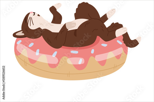 Cute cat laying on back and sunbathing on swimming ring in shape of donut vector illustration isolated on white.