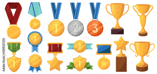 Collection of medals, badges, and trophies in cartoon graphic style on white background. Concept of reward, achievement and recognition. Vector illustration