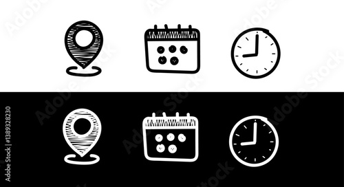Doodle address location icon. Clock / watch or time icon. Hand drawn Date Calendar icon. Marker icon, Alarm symbol. Web icons set