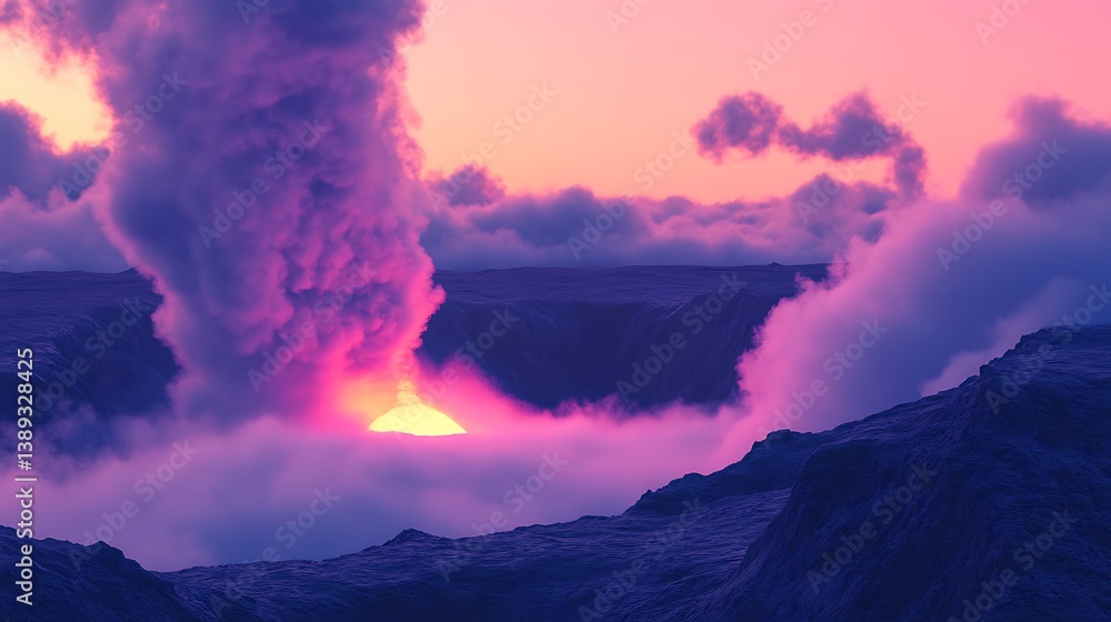 Fototapeta premium Sunset above mountainous volcanic landscape, with smoke, clouds, and sun, great background, environmental stock photo