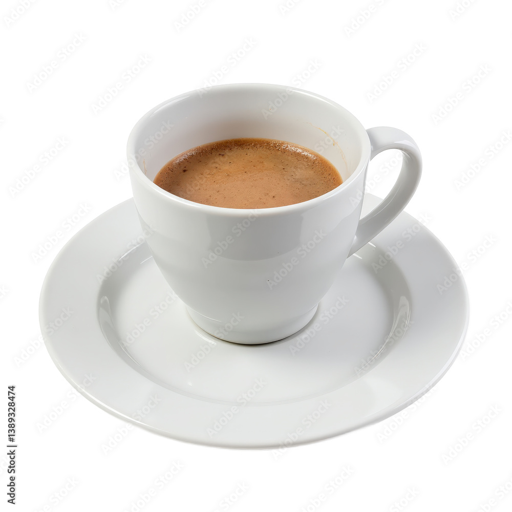 A classic white espresso cup filled with rich, frothy coffee on a matching saucer. A classic white espresso cup filled with rich, frothy coffee on a matching saucer.