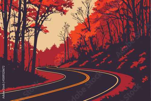 125 Winding forest road, vibrant autumn foliage, red and orange leaves, dark asphalt, yellow road lines, dramatic fall colors, dense woodland, moody atmosphere, saturated hues, curving path, scenic dr