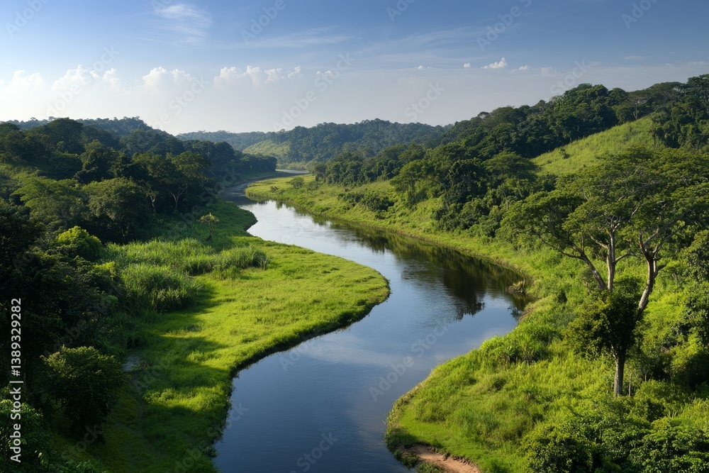 A river winding through a dense forest, reflecting the blue sky A river winding through a dense forest, reflecting the blue sky