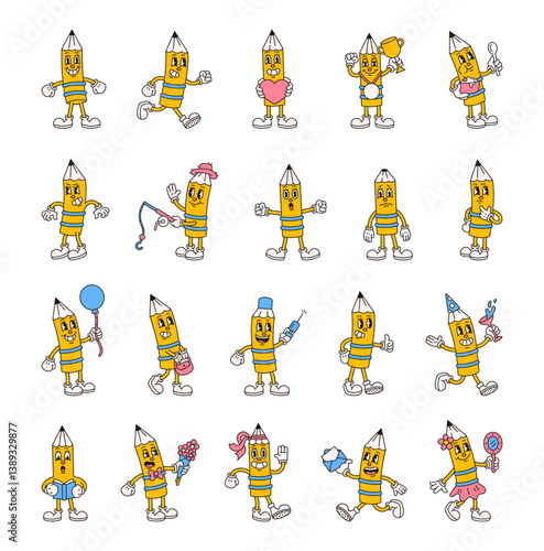 Groovy retro pencil characters in cartoon outline vintage funny expressive style with costumes emotions gestures activities and holiday elements