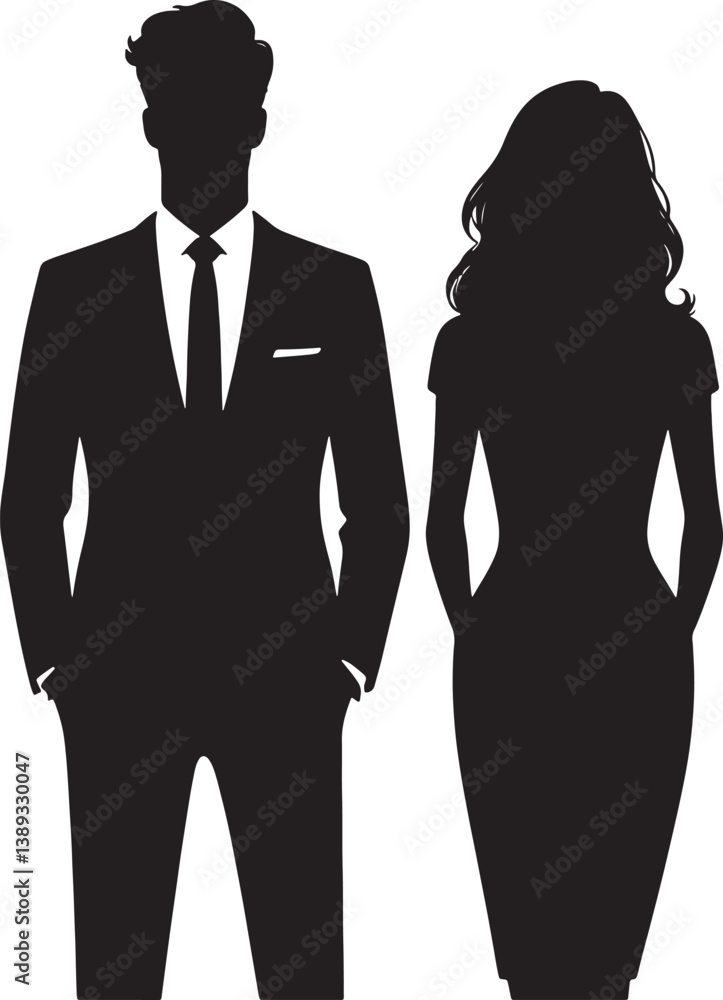 Silhouette of a couple holding hands, woman in dress and hat, man in suit and hat with briefcase Silhouette of a couple holding hands, woman in dress and hat, man in suit and hat with briefcase
