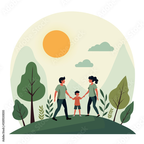 Vector illustration on a white background. A man, a woman and a child in nature. A happy family walking in the fresh air