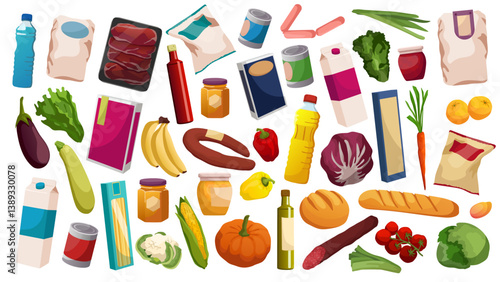 Assorted grocery food items including vegetables, fruits, and packaged goods in a flat graphic style on white background. Vector illustration