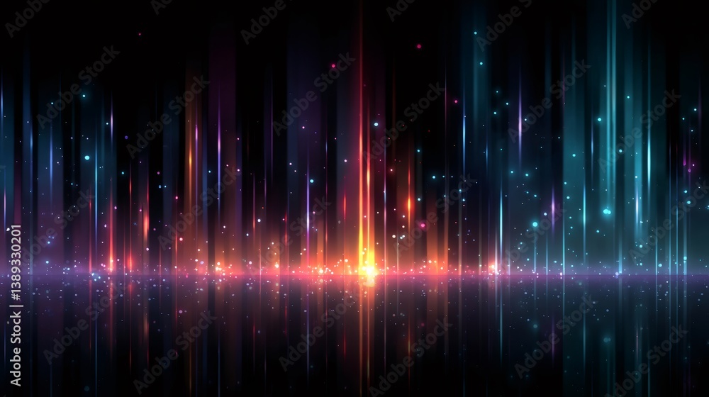Colorful light trails reflecting on a surface with falling particles Colorful light trails reflecting on a surface with falling particles