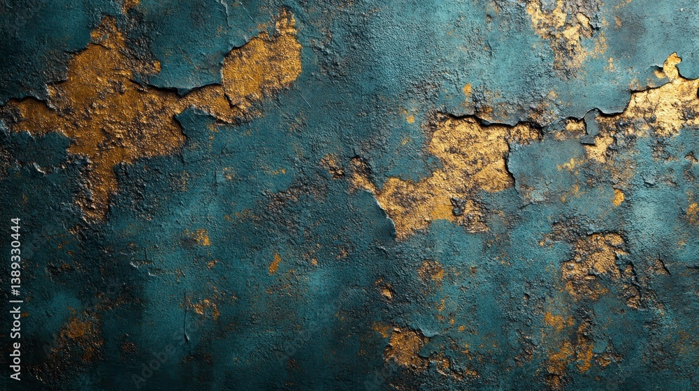Abstract Peeling teal paint reveals golden layers beneath, creating textured art Abstract Peeling teal paint reveals golden layers beneath, creating textured art
