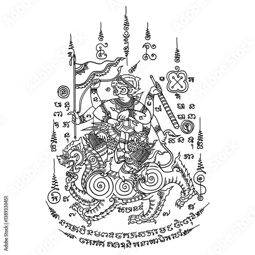 Thai traditional tattoo. Sak yant hanuman tua kaao monkey.  Thai text translation: overcome all enemies, be immortal and succeed in lives and works.