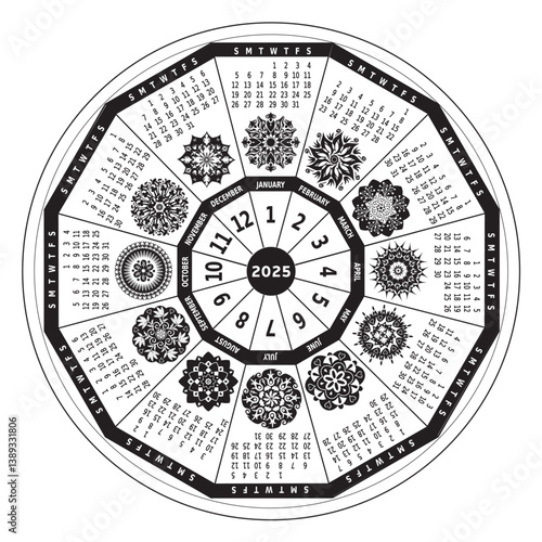 Calendrier 2025 avec Mandalas - Roue Couleurs Noir et Blanc - 12 Mois - Vecteur