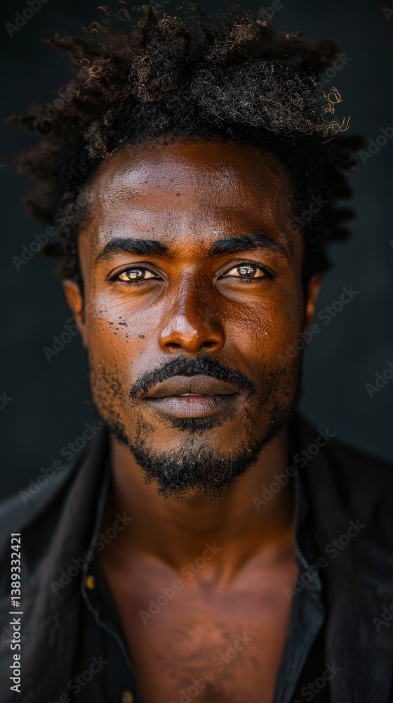 Close-up headshot of handsome afro man in natural light, intense gaze, dark background, confident, contemplative mood, portrait photography Close-up headshot of handsome afro man in natural light, intense gaze, dark background, confident, contemplative mood, portrait photography