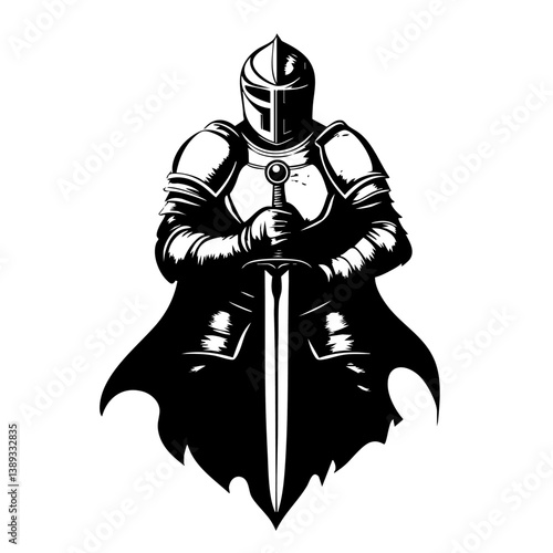 Medieval Knight Logo with Sword and Shield – Black and White Warrior Illustration