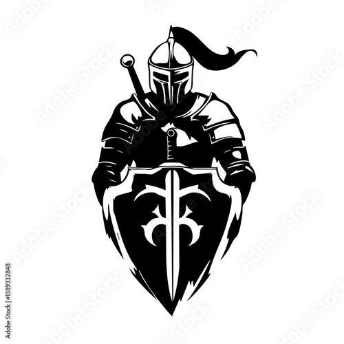 Medieval Knight Logo with Sword and Shield – Black and White Warrior Illustration