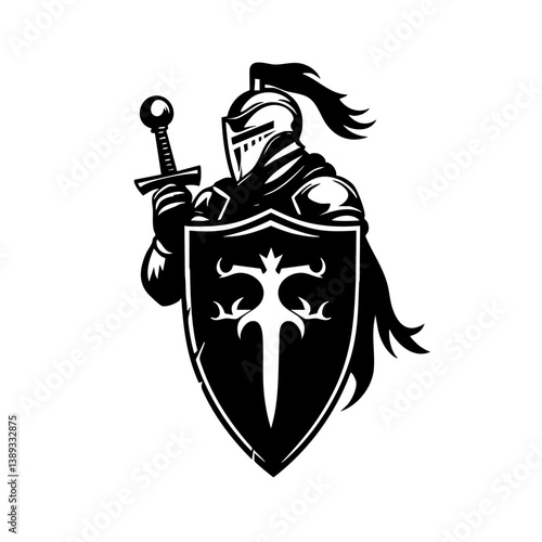 Medieval Knight Logo with Sword and Shield – Black and White Warrior Illustration