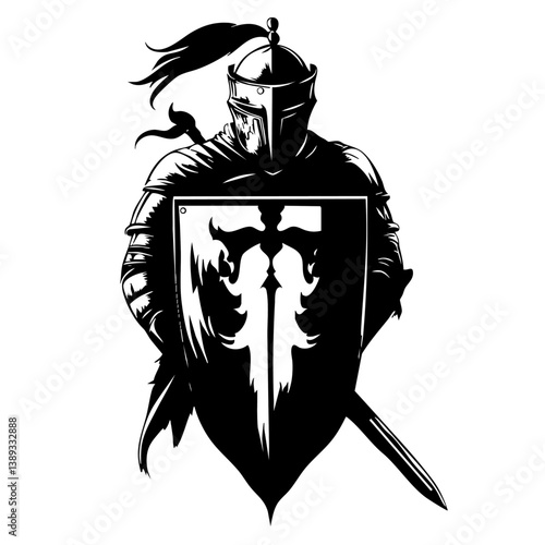 Medieval Knight Logo with Sword and Shield – Black and White Warrior Illustration