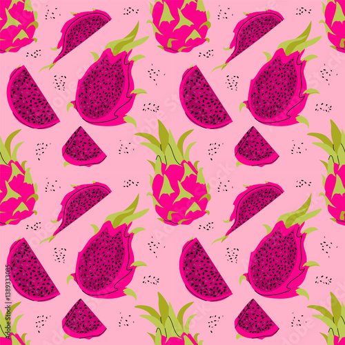 Pink dragon fruit pattern. Pitahaya pieces on pink background. Tropical fruit pitaya. For textiles, packaging, wallpapers, postcards or covers.
