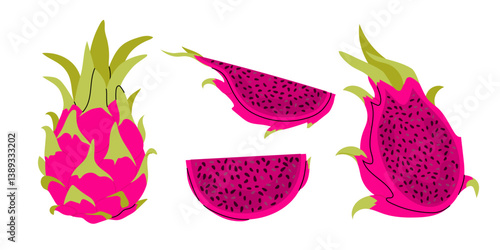 Set pink dragon fruit. Pitahaya whole, half, pieces. Tropical fruit pitaya. Flat illustration of ripe exotic fruit.