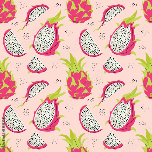 Dragon fruit pattern. Pitahaya pieces on coloured background. Tropical fruit pitaya. For textiles, packaging, wallpapers, postcards or covers.