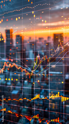 Dynamic Financial Trading Concept with Vibrant NYC Skyline and Stock Market Graphs at Sunset, Data Analytics Visualization for Investment and Economy Insights