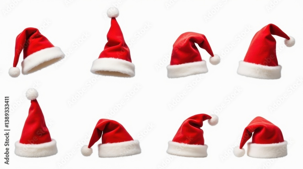 A collection of Santa Claus hats in various styles and angles, with bright red and white colors, isolated on a transparent background A collection of Santa Claus hats in various styles and angles, with bright red and white colors, isolated on a transparent background