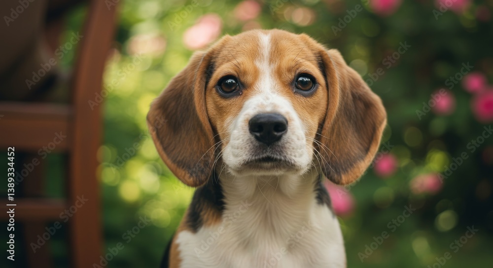 Adorable Beagle Puppy in Garden - A charming beagle puppy sits attentively, framed by a softly blurred garden background of green leaves and pink flowers Adorable Beagle Puppy in Garden - A charming beagle puppy sits attentively, framed by a softly blurred garden background of green leaves and pink flowers