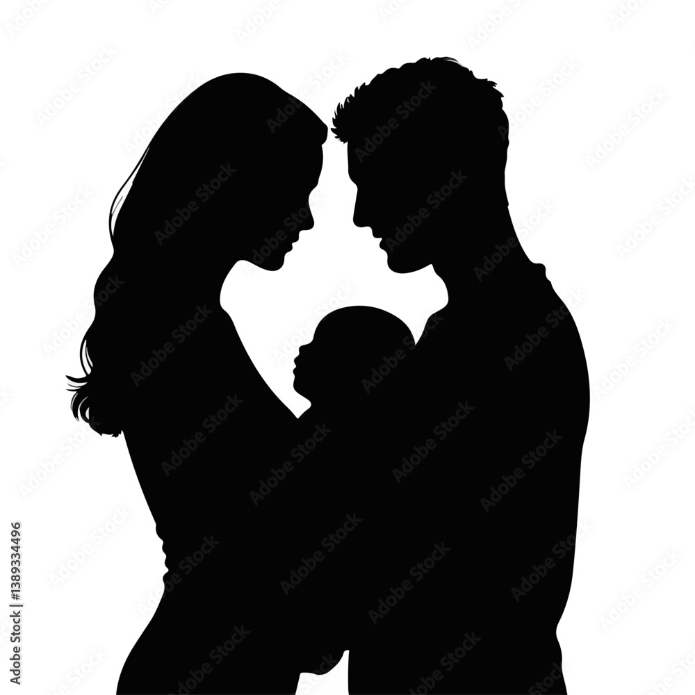 Family Silhouette Embracing Baby Against White Background Family Silhouette Embracing Baby Against White Background