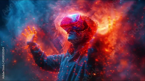 A person wearing a virtual reality headset interacts with a digital environment. The scene is immersed in a vibrant array of colors, creating a cosmic, dream-like atmosphere
