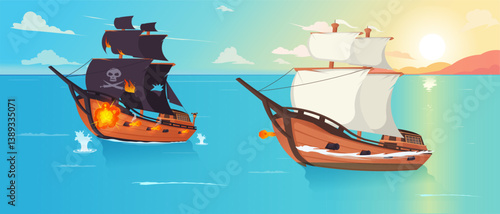 A pirate ship with black sails is burning after being hit by cannon fire from a white-sailed ship on the ocean at sunset. Vector illustration