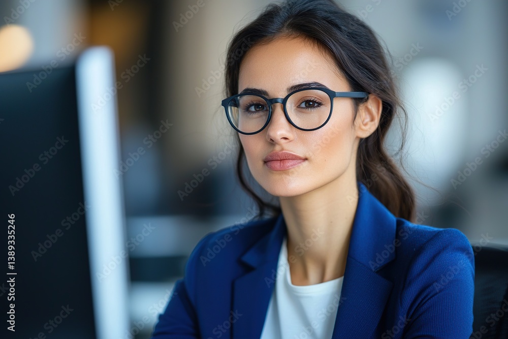 Confident woman in glasses working at a computer in a modern office environment. Confident woman in glasses working at a computer in a modern office environment.