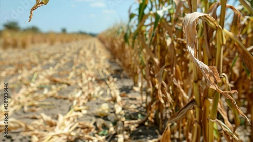 Dried cornfield under a bright sky, showcasing the impact of drought on agriculture and the environment.