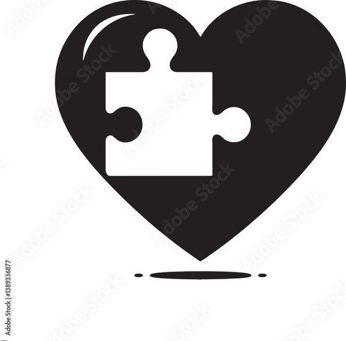 A black heart shape with a white puzzle piece fitting inside against a white background design