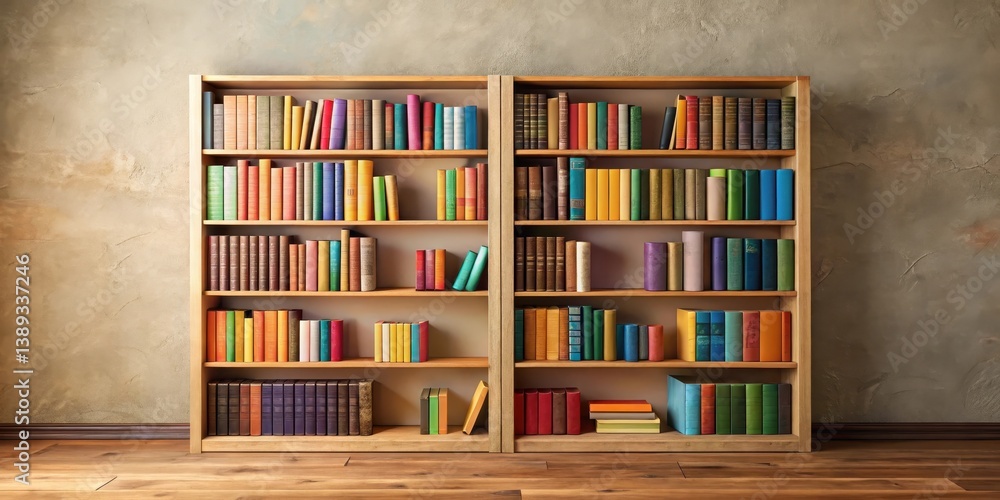 A pair of wooden bookshelves filled with colorful volumes against a textured wall in a room with hardwood floors. A pair of wooden bookshelves filled with colorful volumes against a textured wall in a room with hardwood floors.