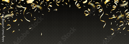 Festive golden confetti ribbons falling from the top on a dark transparent background. Celebration, party, and luxury concept. Vector illustration