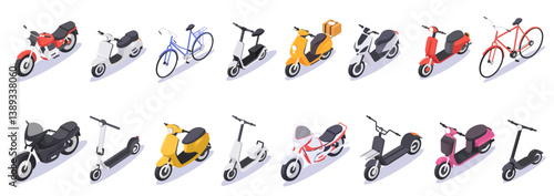 Various isometric bicycles, scooters, and motorcycles in different styles and colors on a white background. Concept of urban transportation. Vector illustration