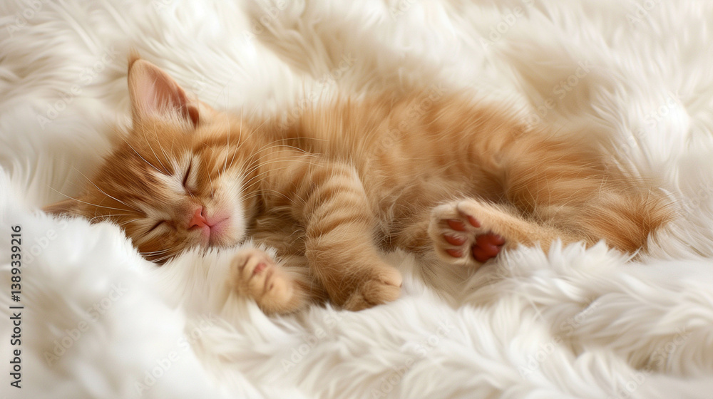 Obraz premium Adorable orange kitten peacefully sleeping on fluffy white fur blanket indoors
