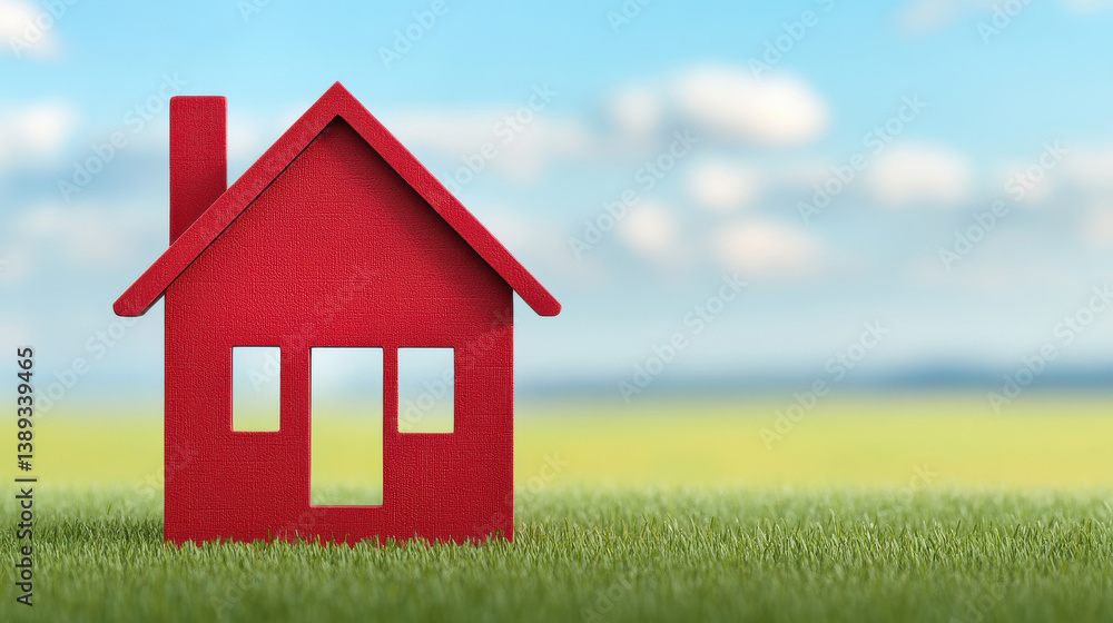 red house model stands on green grass under blue sky, evoking sense of warmth and comfort red house model stands on green grass under blue sky, evoking sense of warmth and comfort