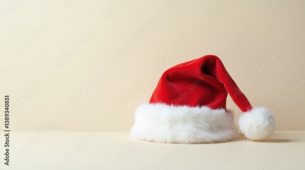 A minimalist composition of a single Santa hat on a neutral background, emphasizing its classic design and festive appeal for holiday promotions A minimalist composition of a single Santa hat on a neutral background, emphasizing its classic design and festive appeal for holiday promotions