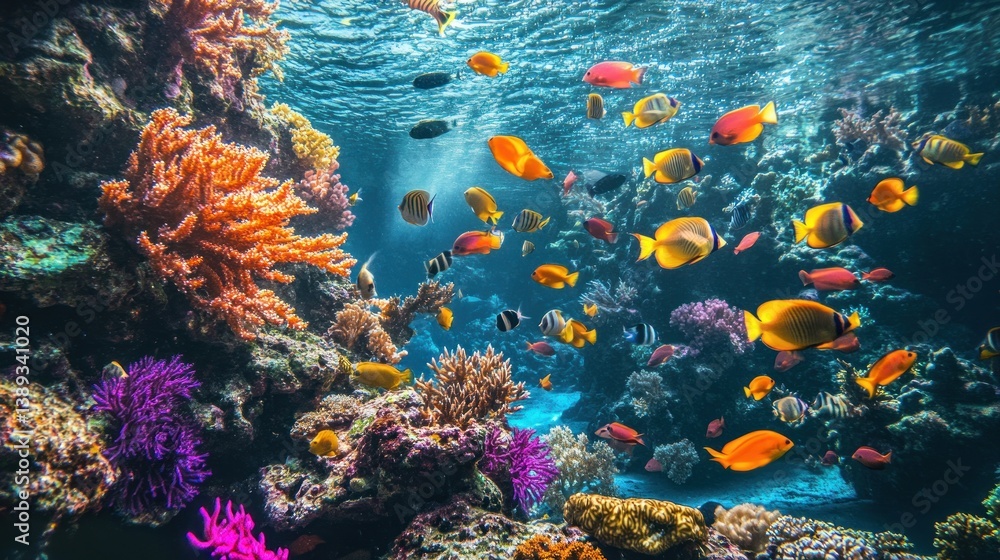 Vibrant coral reef teeming with colorful fish