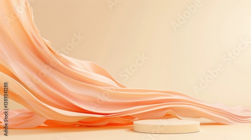 Minimalist beige background with round podium and floating cloth in light peach tones. Perfect for product displays and elegant presentations