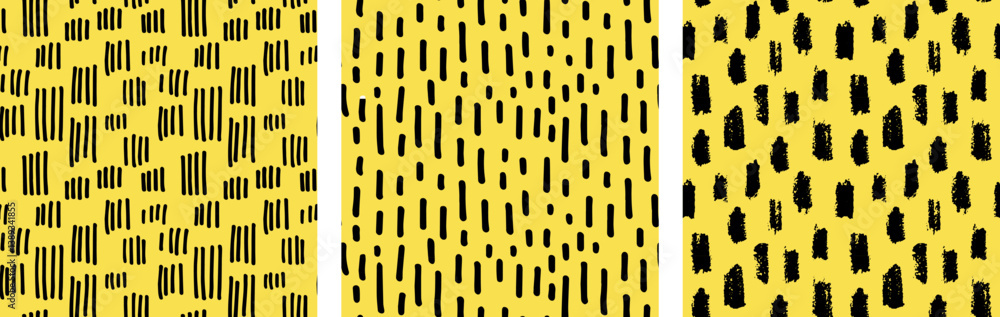 Seamless hand drawn pattern with bold black brushstroke elements on a vibrant yellow background. Abstract, modern design, perfect for fabric, wrapping paper, wallpaper, digital art, branding projects
