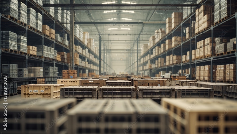 Fototapeta premium Large industrial warehouse storing boxes on shelves and crates on floor