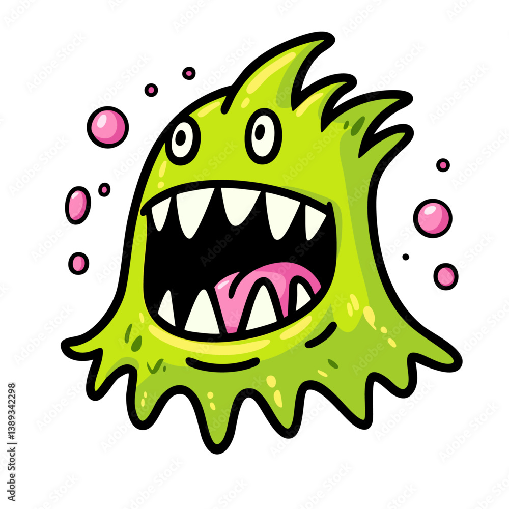 Green monster with open mouth and pink bubbles, hand drawn doodle cartoon character clip art, kawaii isolated simple vector illustration Green monster with open mouth and pink bubbles, hand drawn doodle cartoon character clip art, kawaii isolated simple vector illustration