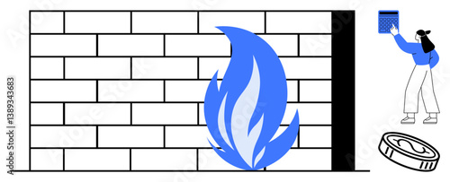 Firewall depicted as a brick wall and flame, woman installing a security filter, and coin hinting at safety. Ideal for cybersecurity, protection, data safety, online privacy, risk management, safety