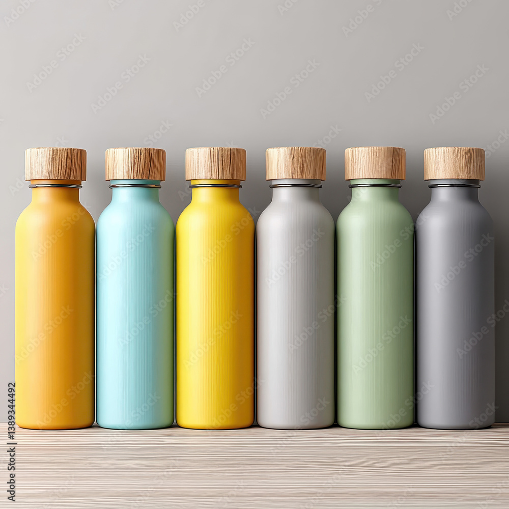 Colorful stainless steel reusable bottles displayed on a neutral background for modern sustainable living Colorful stainless steel reusable bottles displayed on a neutral background for modern sustainable living